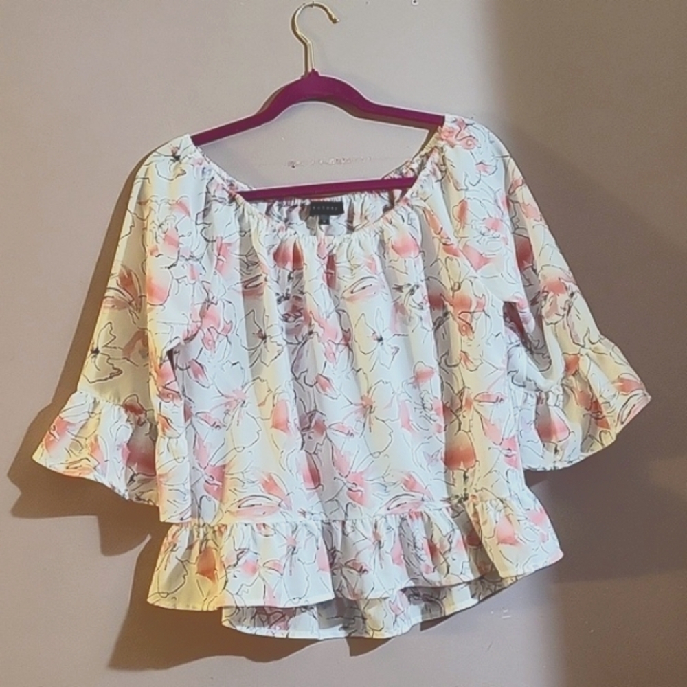 Sanctuary Women's Floral Pink & Beige Bottom Ruffle Blouse, Size: M